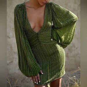 Rat & Boa alizee green beaded mini dress with balloon sleeves size xs